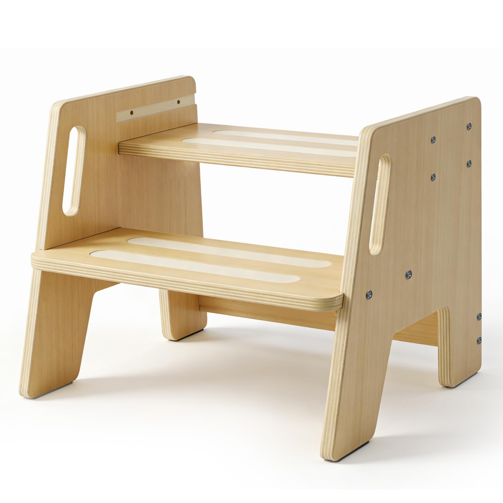 HA BIN Taburete de Madera para Niños, Escalera de 2 Peldaños, Antideslizante, Altura Ajustable, con Asas, Capacidad hasta 150 kg, Ideal para Baño, Cocina y Habitación Infantil
