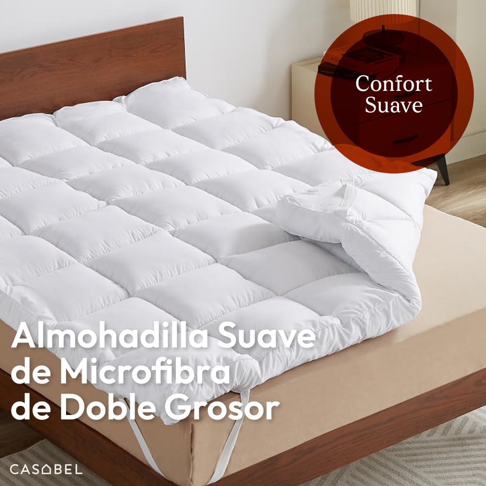 CASABEL Topper de colchón Mullido y Transpirable, 160x200cm, Blanco | Confort mullido, Extra Grueso, 1150g/m², Acolchado de cuadros, Hipoalergénico, Elásticos de sujeción, Lavable a máquina