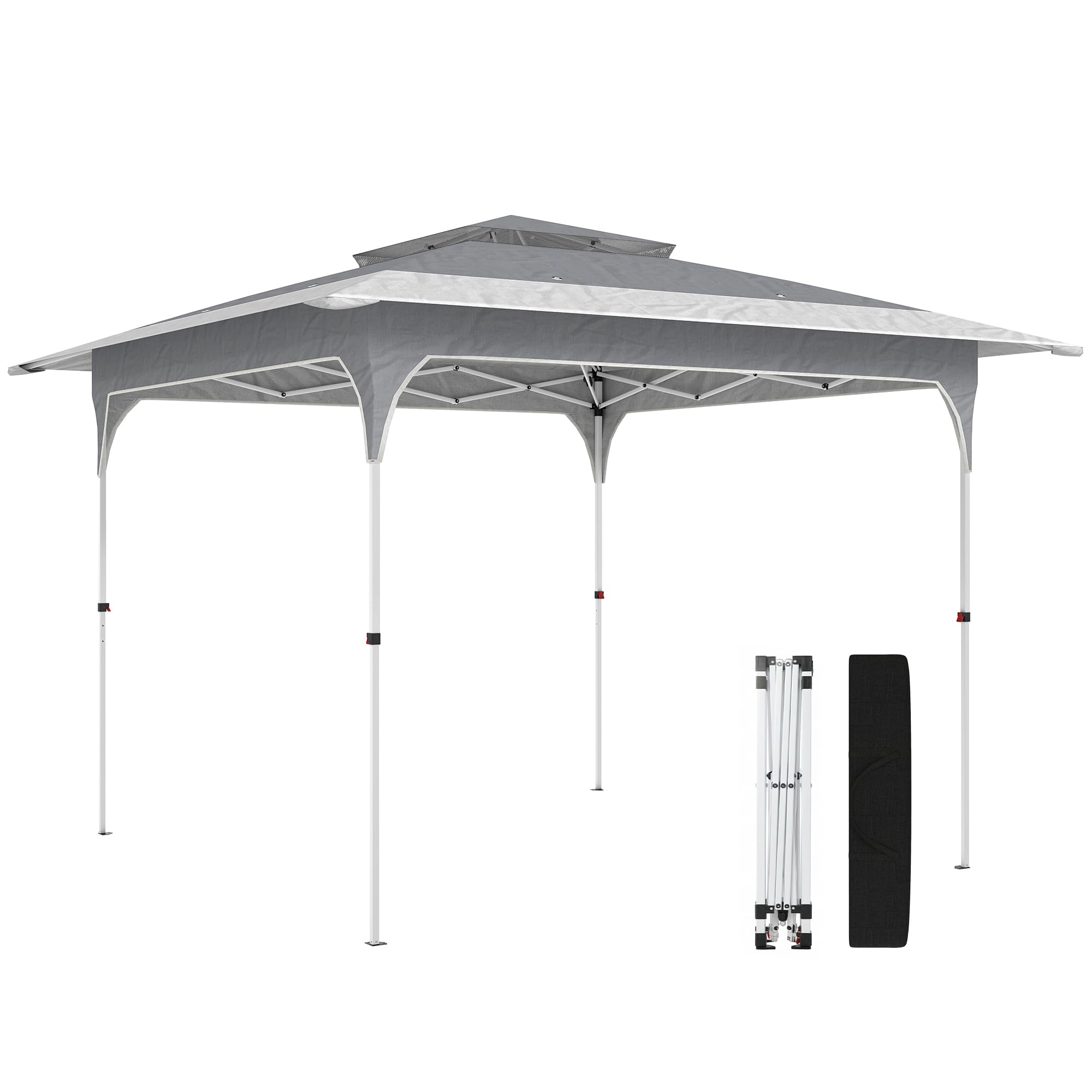 Outsunny Gazebo Pieghevole 3.5x3.5 m Pop Up Facile Montare con Pulsante Centrale, Gazebo da Giardino Altezza Regolabile con Tetto Doppio, Borsa da Trasporto, UV50+, per Esterno Feste, Grigio Scuro