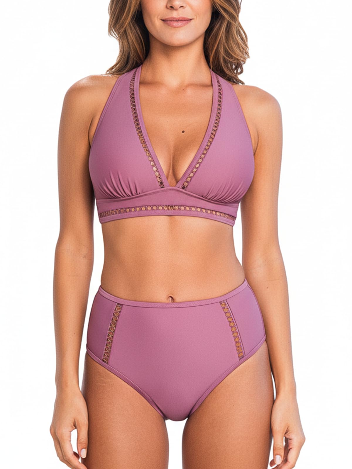 CUPSHE Damen Bikini Set V Ausschnitt Zweiteilige Bademode Hohe Taille Halterträger Ausschnitte Rücken Hakenverschluss Badeanzug