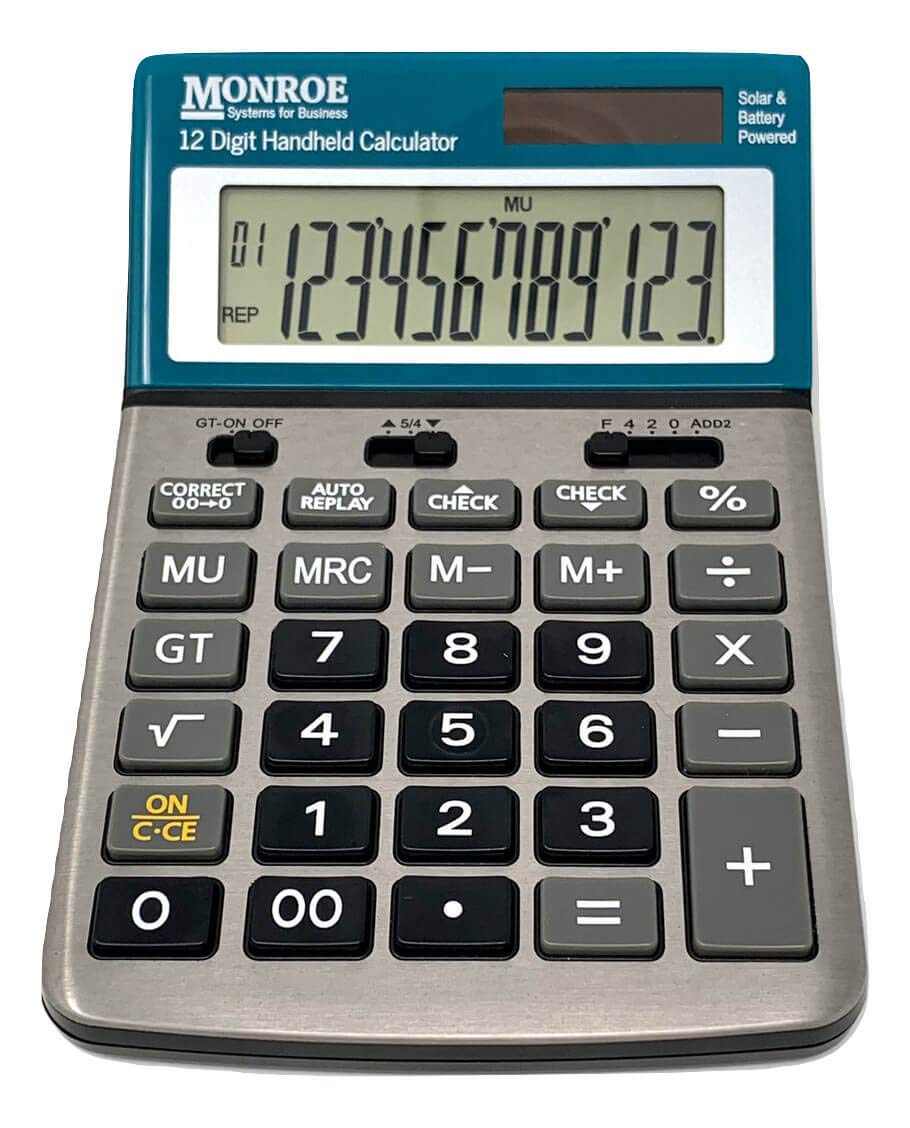 Monroe Handheld 12-Digit Paperless Calculator with Check and Correct Functionality