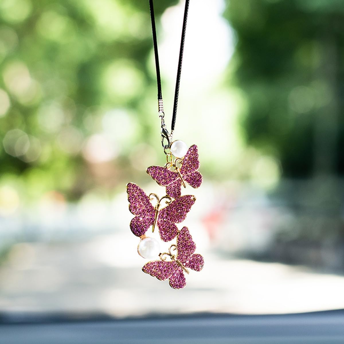 UHANBUT Bling Butterfly Diamond Car Hanging Accessories, Lucky Rhinestone Crystal Car Rear View Mirror Charm Decoration for Women, Cute Interior
