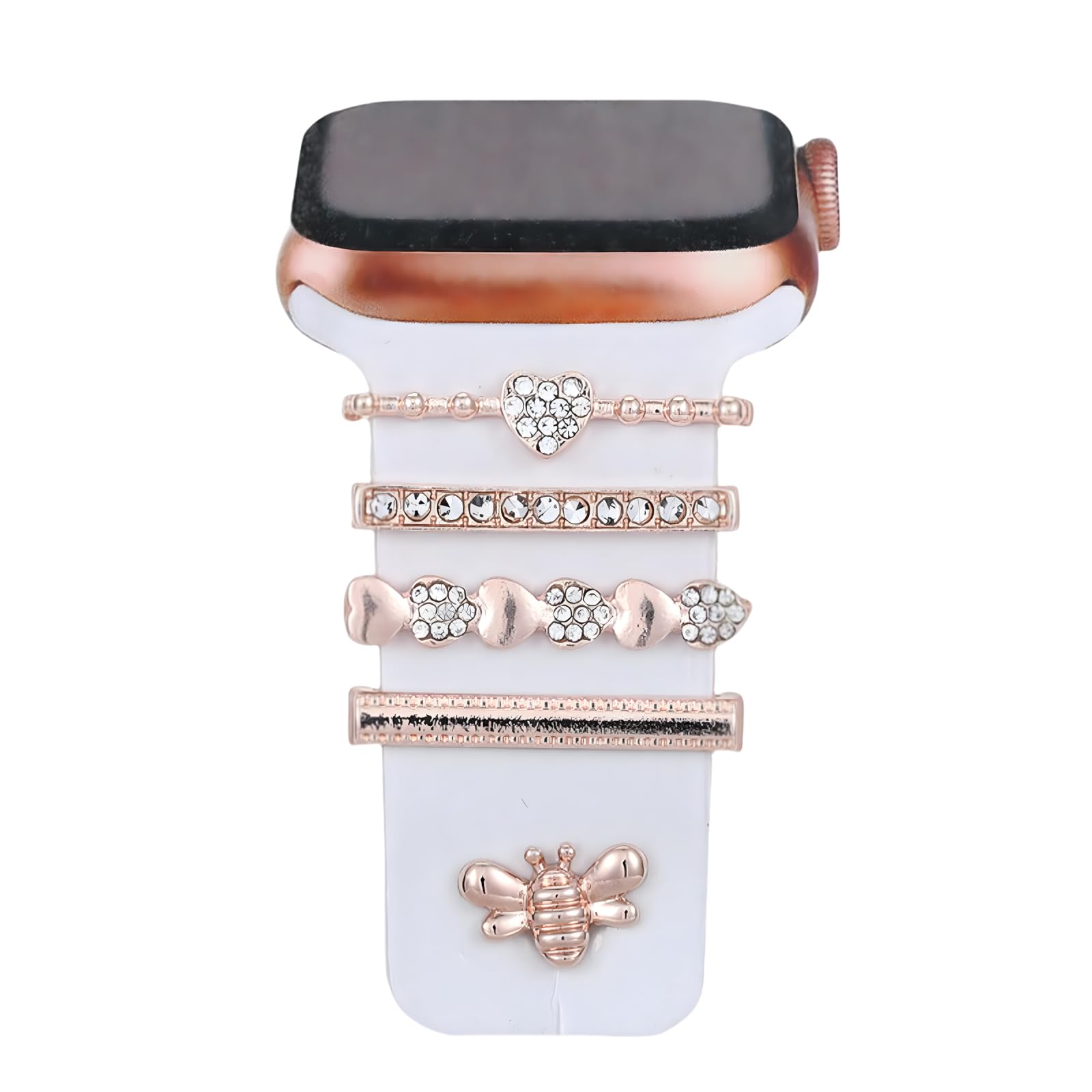Watch Band Charms Set, Decorative Ring Loops Charms Compatible with Silicone Apple Watch Band 38 40 41 42 44 45 46 49mm, Chic Elengent Butterfly Flower Diamond Wristband Accessories for iWatch Series Ultra 10 9 8 7 6 5 4 3 2 1(No Band)