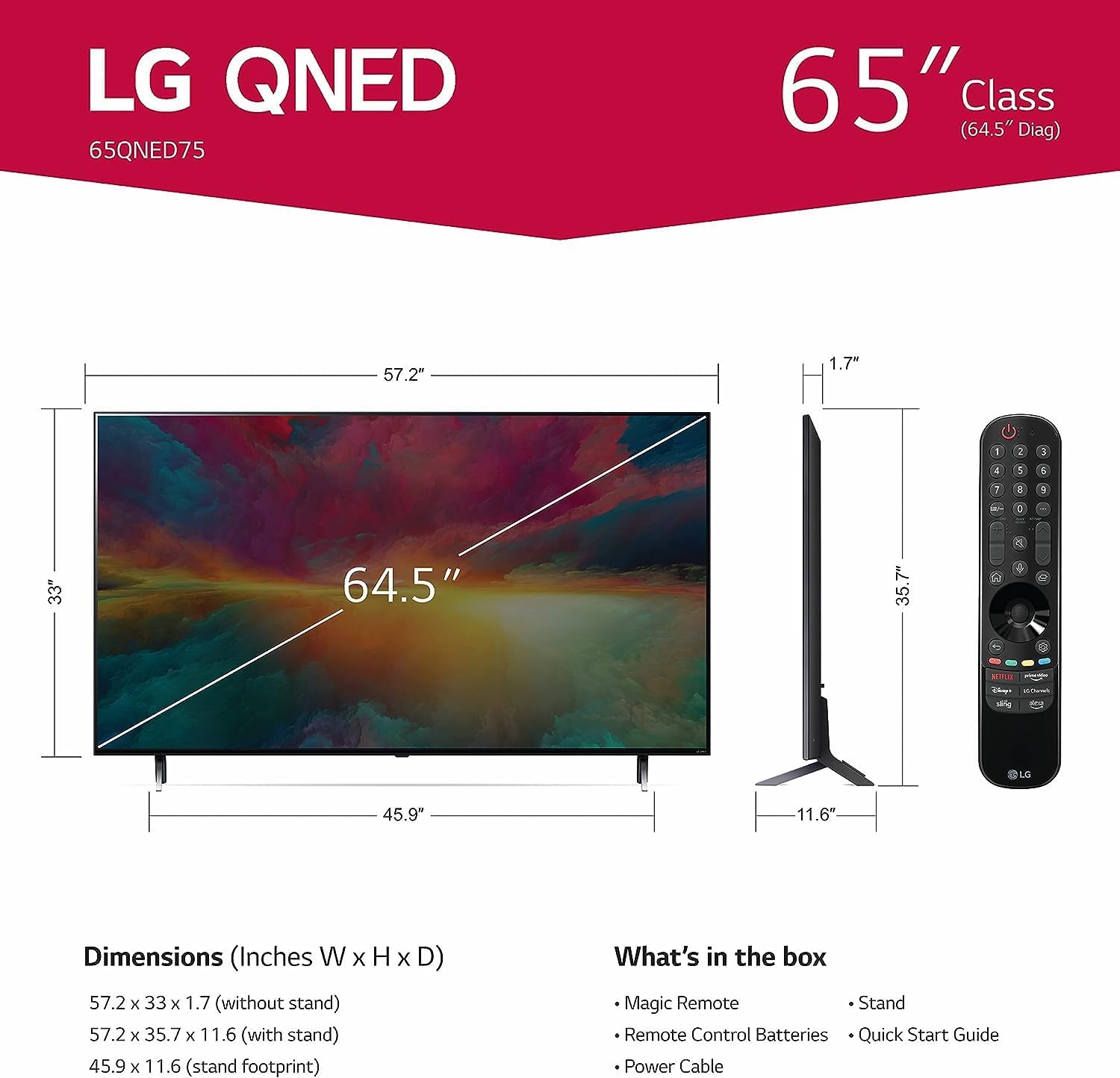 Diagram showing LG QNED75 TV dimensions and included accessories