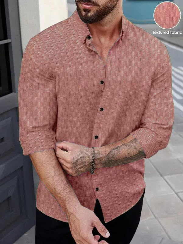 Image of DEELMO Men's Regular Fit Button Down Dress Shirts Textured Long Sleeve Casual Hawaiian Shirt