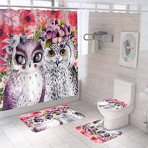 flowerlove 4Pcs Night Owl Shower Curtain Sets with Rugs Toilet Lid Cover and Bath Mat,Cartoon Pink Bathroom Sets with Rugs and Mats Waterproof Bathroom Shower Sets with 12 Hooks