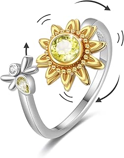 AOVEAO Fidget Rings For Anxiety Stress Relieving For Women Sterling Silver Sunflower Spinner Ring Bee Open Adjustable You Are My Sunshine Stackable Christmas Jewelry Gift For Wife Girl Friend