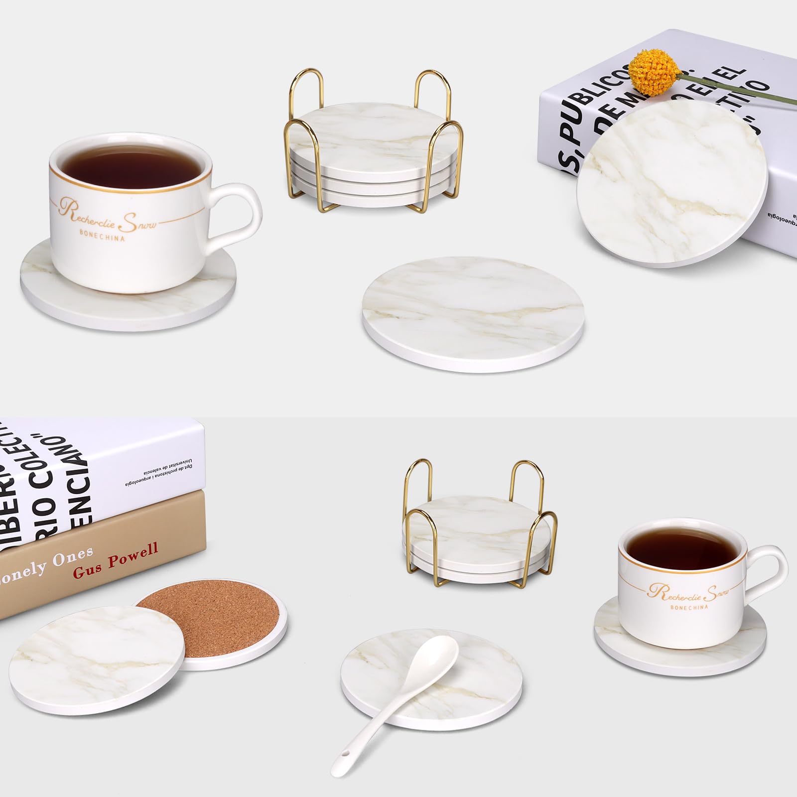 Set 6 Sottobicchieri In Ceramica Stile Marmo Bianco | Con Supporto Metallico | Assorbenti E Antiscivolo