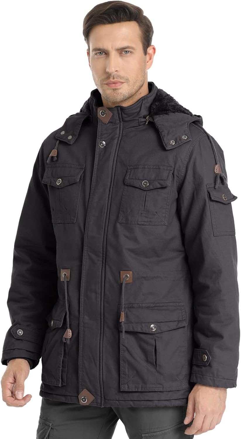 Men's Winter Jacket Military Jacket Fleece Lined Warm Cargo Jackets Removable Hood Cotton Work Coat - Image 2