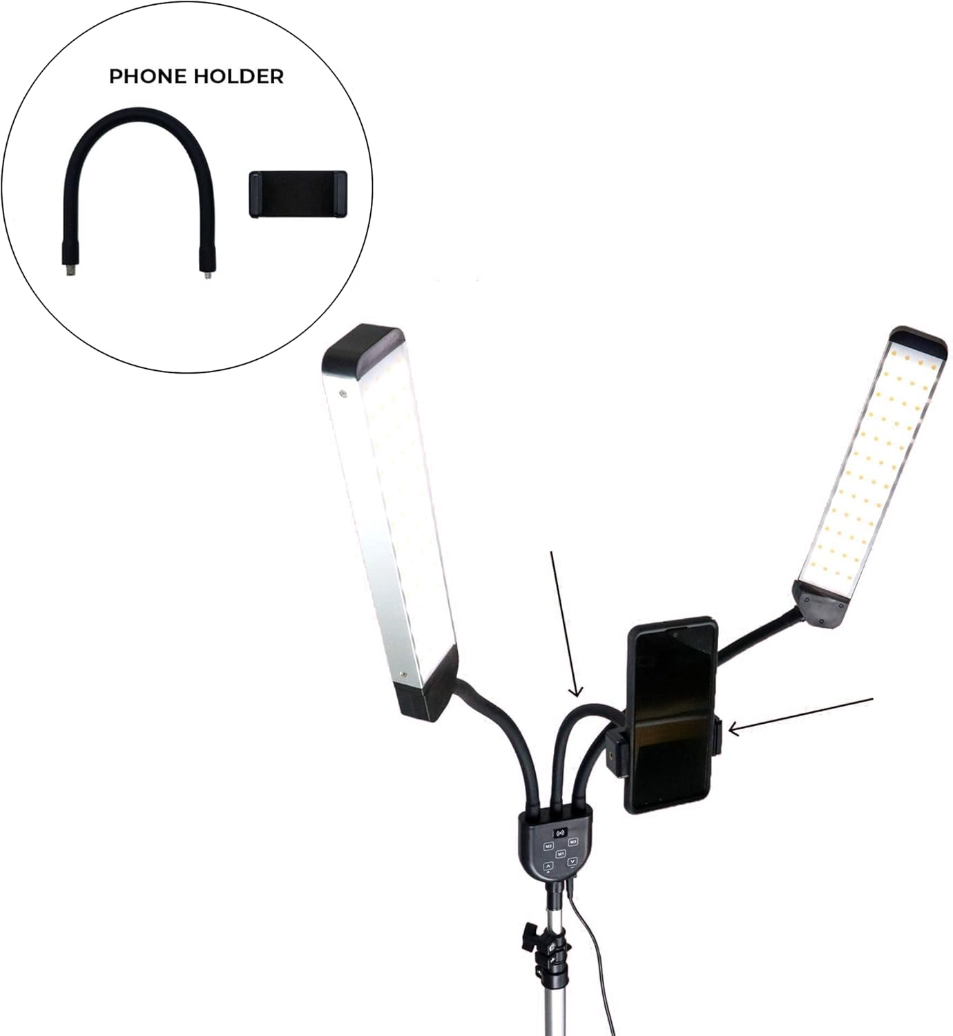 Dual Arm Portable LED Light Floor Lamp with Tripod, USB Port, Remote Controlled, Phone Holder, HD Adjustable 3200K-5800K Color Temperature, for Eyelash Extension, Tattoo, Makeup,Photography，Silvery