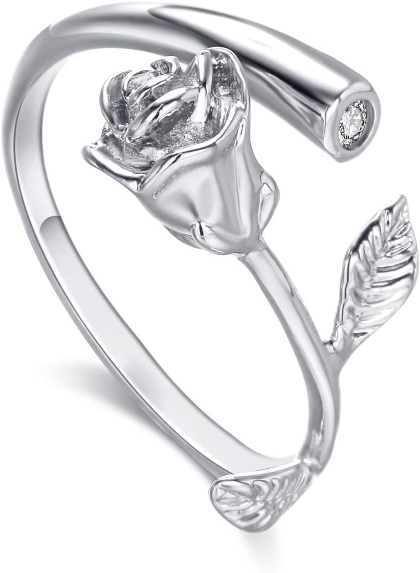 LATEEFAH Rose Flower Women Girls Rings Gold Plated with Cubic Zirconia Ajustable Rose Flower Open Ring for Female, Best Gift for Valentine Mother's Day Birthday