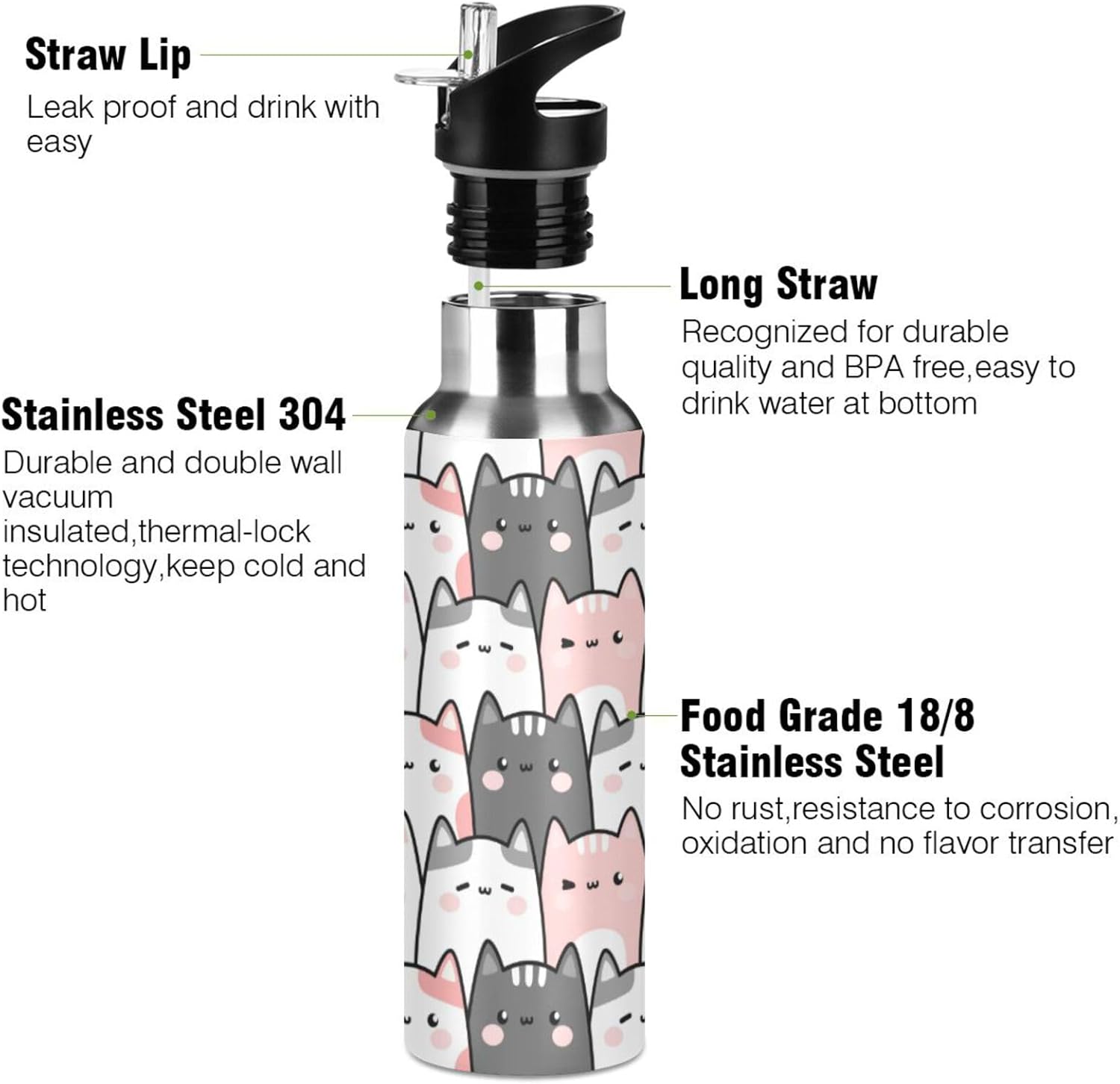 Cute Cats Kittens Water Bottle Kids Insulated Girls Boys Stainless Steel Hot Cold Water Flask with Straw Lid for Sports Gym 20 oz - Image 3