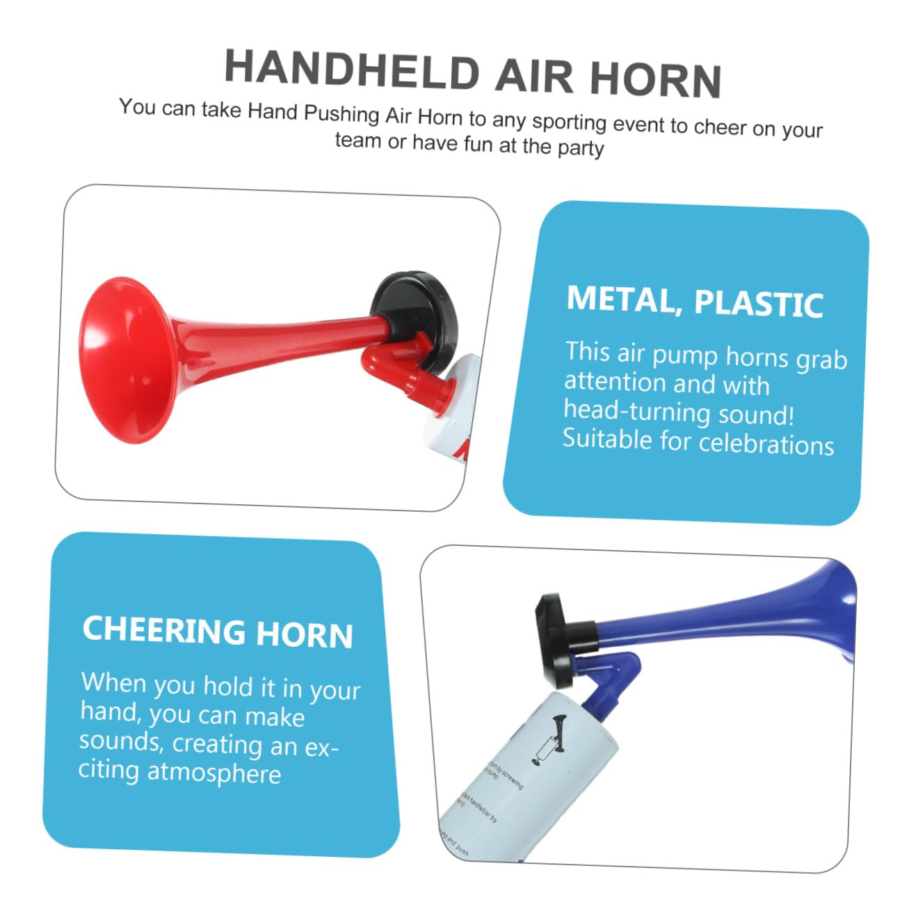 ORFOFE 2 Stück Handliches Air Horn Fan horn für Fußballfans Lautes Hand push Tröte Rote und Blaue Fanfare für Sportveranstaltungen Partys Jubel und Feierlichkeiten