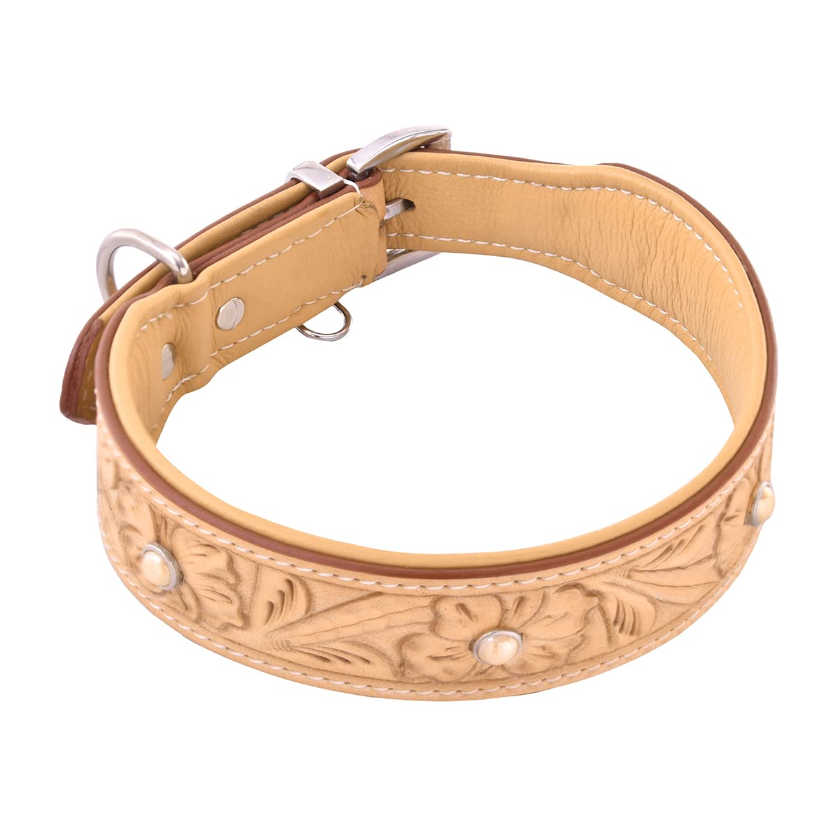 MICHUR Rafael Hundehalsband Leder, Lederhalsband Hund, Halsband, BEIGE, Leder, mit gestanzten Blumenmuster und beigen Steinchen, in verschiedenen Größen erhältlich, Halsumfang 33-38cm | Lederhalsband Hund, Blumenmuster, Beige Halsband, mit beigen Steinche