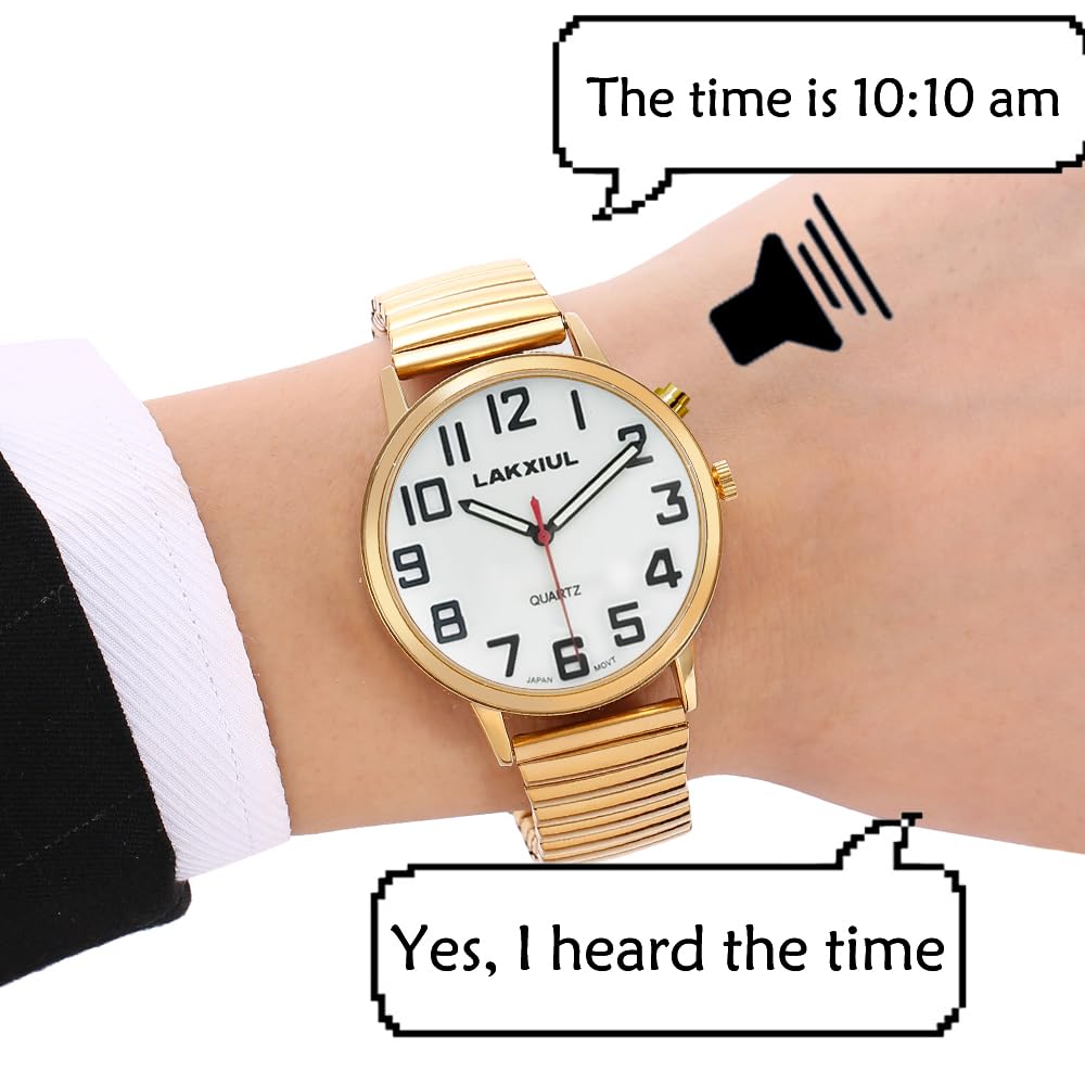 Reloj parlante inglés con números grandes, anuncio de hora y fecha, correa telescópica de acero inoxidable, reloj despertador (GT81)