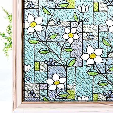 3D Glass Film Stained Glass Window Film Color Flower Pattern Privacy Window Sticker Decorative Anti-Uv Vinyl Glass Film Non Adhesive For Home,W 60 * L 200Cm Cover