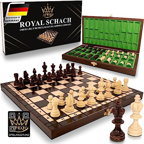APEQi® ROYAL Schach - Schachspiel Holz HOCHWERTIG - Massivholz, 34,5x34,5cm, ab 14 Jahren, Geschenkidee - edles Schachbrett Holz hochwertig - klappbare Schachkassette mit Schachfiguren aus EU