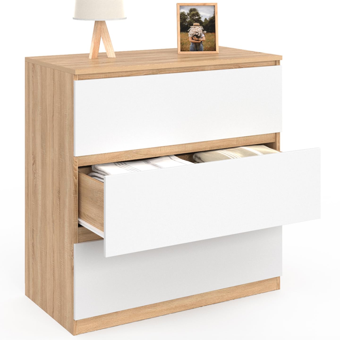 IDMarket - Commode 3 tiroirs TOMI 78 cm façon hêtre et Blanc