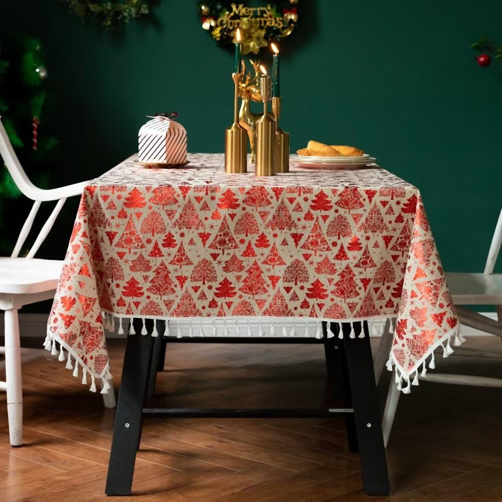 ATOLY Christmas Rectangle Table Cloth Red Xmas Tree Tablecloth Kitchen Table Cover with Tassel for Christmas Winter Holiday Party Supplies 55x79 Inch