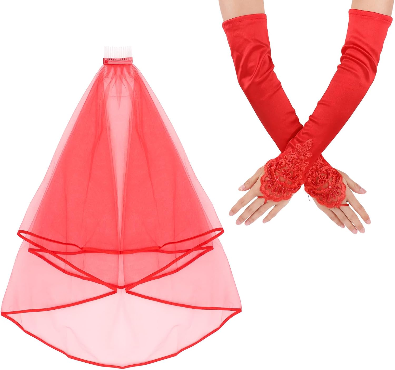 Red Veil and Gloves Set Gothic Bride Costume Accessories, Halloween Wedding Veil, Victorian Masquerade