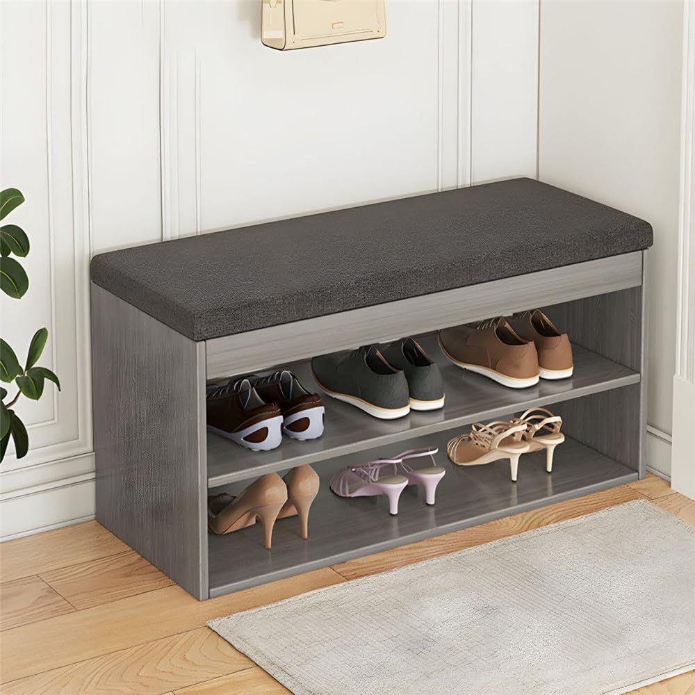 Banc Sto bois compact anti-désordre avec étagère et assise rembourrée pour entrée et salon