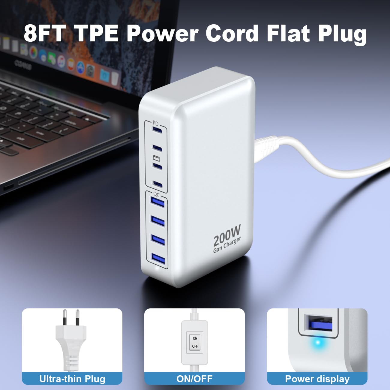 USB C Charger 200W Charger Block, Stazione di ricarica rapida a 8 porte PD 65W ON/Off Switch Adattatore per laptop compatibile con MacBook Pro/Air, iPhone 17/16/15/14, Galaxy S24 (Bianco)