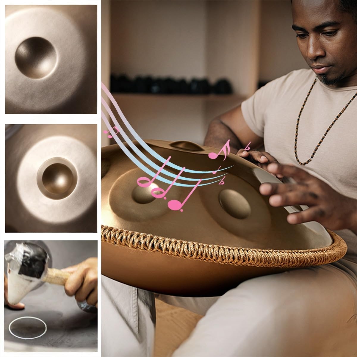 Handpan Drums for Adults Steel Handpan D Minor Kurd 22 Inches 9/10/12 Notes 440hz 432hz Harmonic Percussion Instrument for Sound Healing, Personal Meditation, Yoga(Gold,440HZ/12Note)