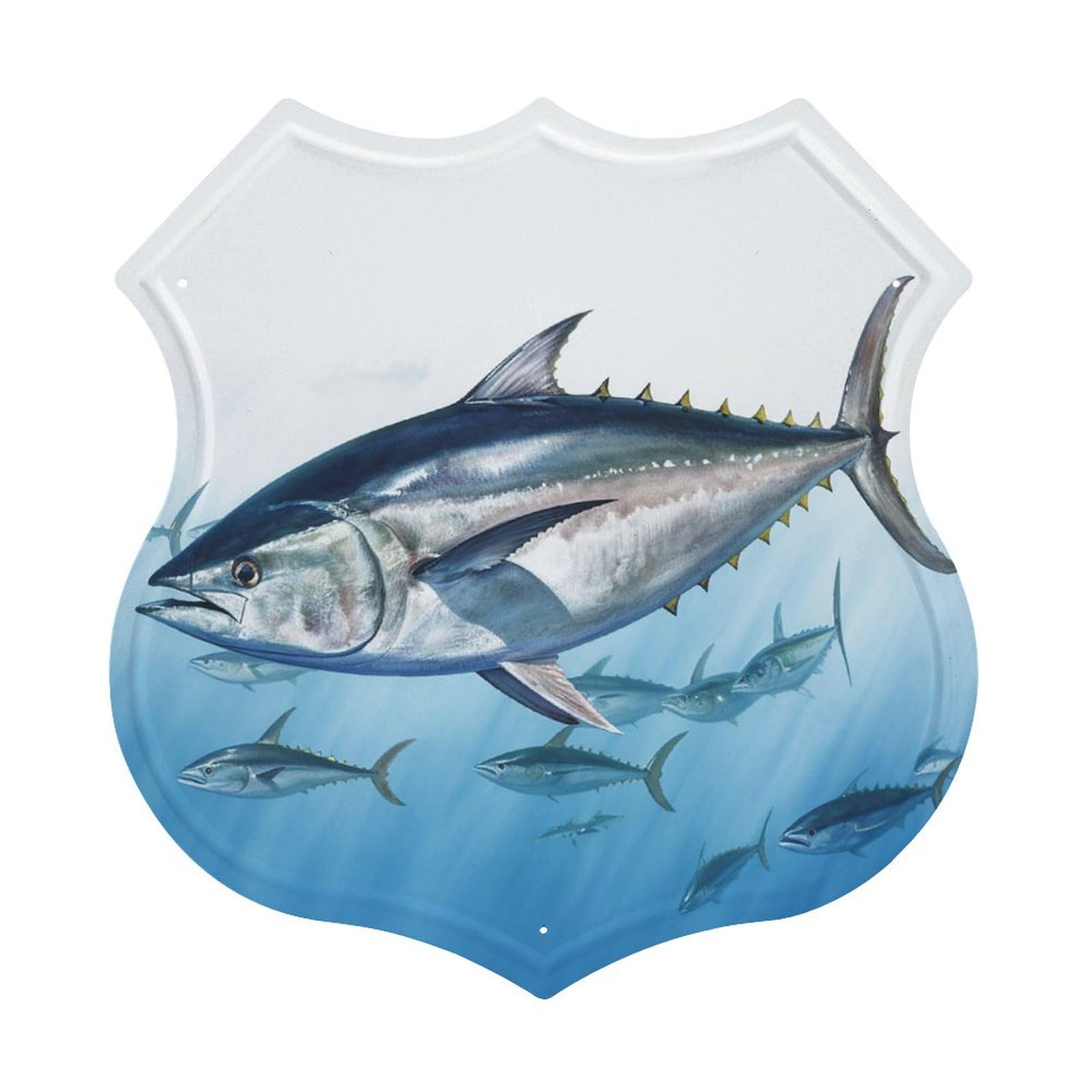 JTREHY Shield-shaped Hanging Painting,Bluefin Tuna Thunnus Printed Metal Art Wall Decoration Metal Shield-shaped Sign Vintage Shield Shape Iron Wall Art for Home, Bar, And Office Decor