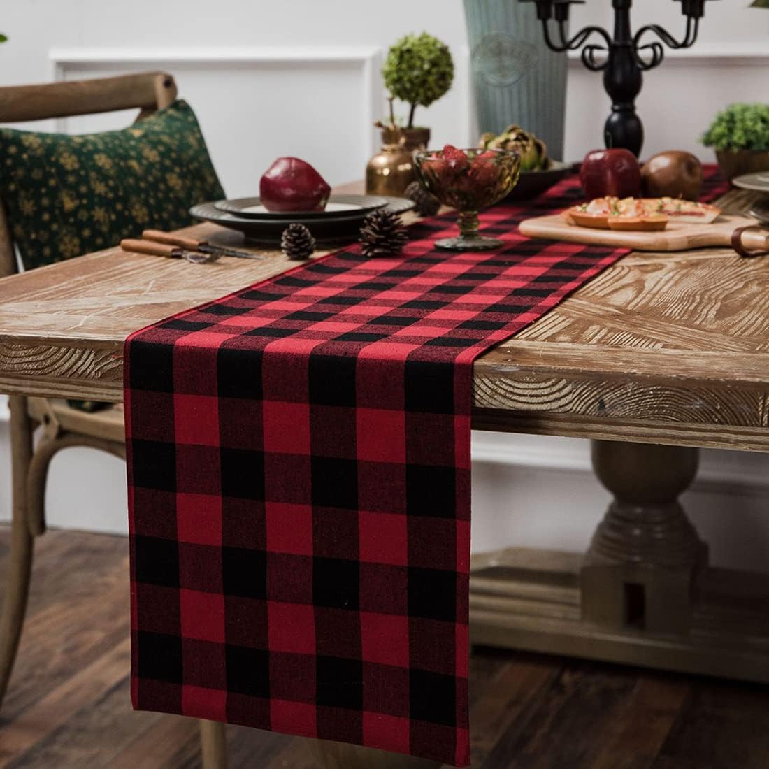 vctops Red and Black Buffalo Check Table Runners Farmhouse Plaid Cotton Table Runner for Family Dinner Christmas Holiday Party (Red Black, 12"x108")