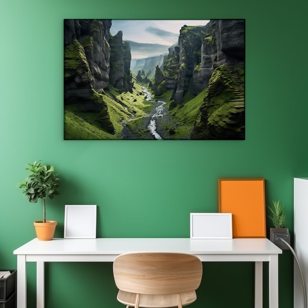 Canvas for Living room. Whispers of Nature: A River's Journey Through the Moss-Cloaked Canyon, 27 x 18 inch Canvas Wall Art - Modern Home Decor