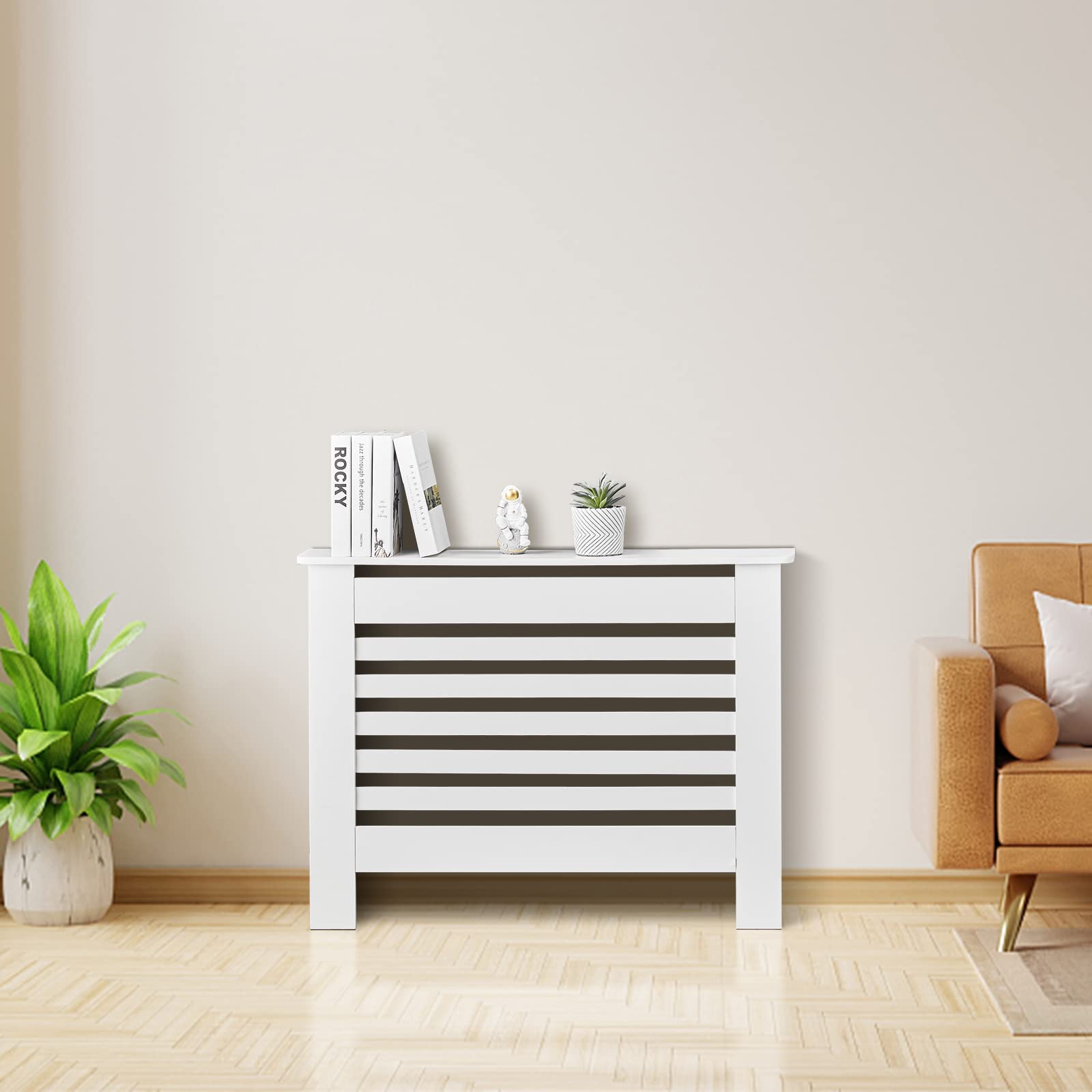 CLIPOP Moderne Heizkörperverkleidung, weiß lackiert, vertikale Lattenrost, MDF-Schrank, weiß, M