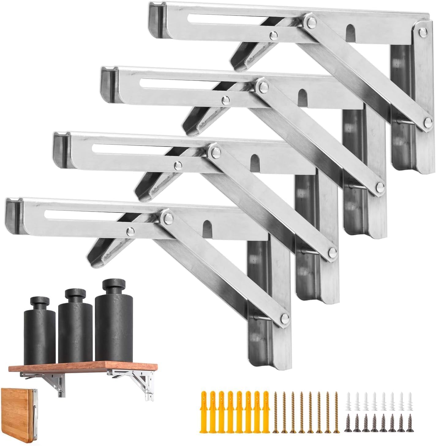 4 Pcs Folding Shelf Brackets, 18 Inch Shelf Brackets Heavy Duty Collapsible Triangle Stainless Steel L Brackets for Wood Shelves, Max. Load 450 lb DIY Wall Mounted Space Saving for Bench Table, Silver