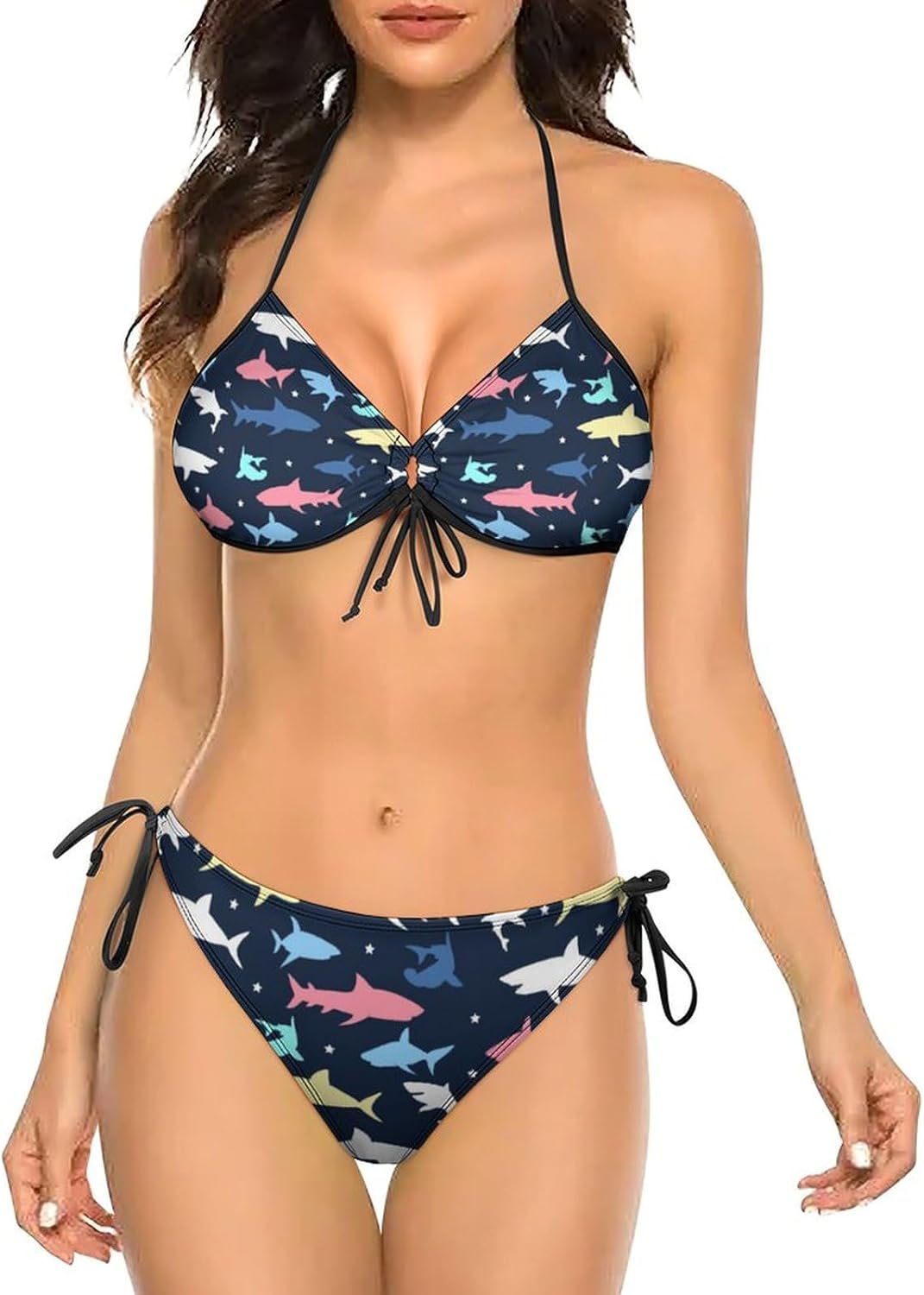 Women Two Piece Bikini Set Halter Padded Top Tie Side Bottom Triangle Swimsuit