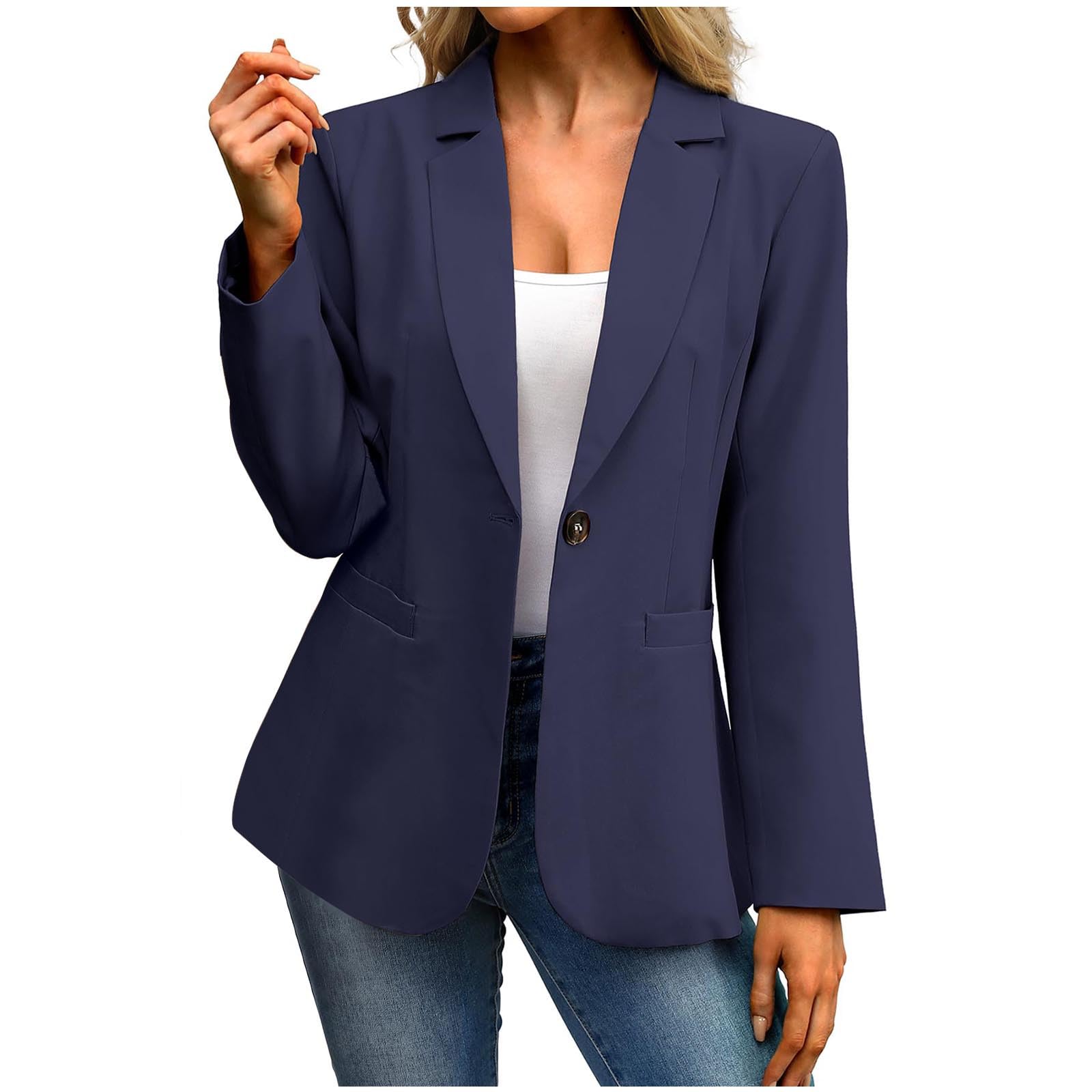 Blazers for Women Long Sleeve Blazer Notched Lapel One Button Work Office Suit Jacket Business Casual Outfits Navy