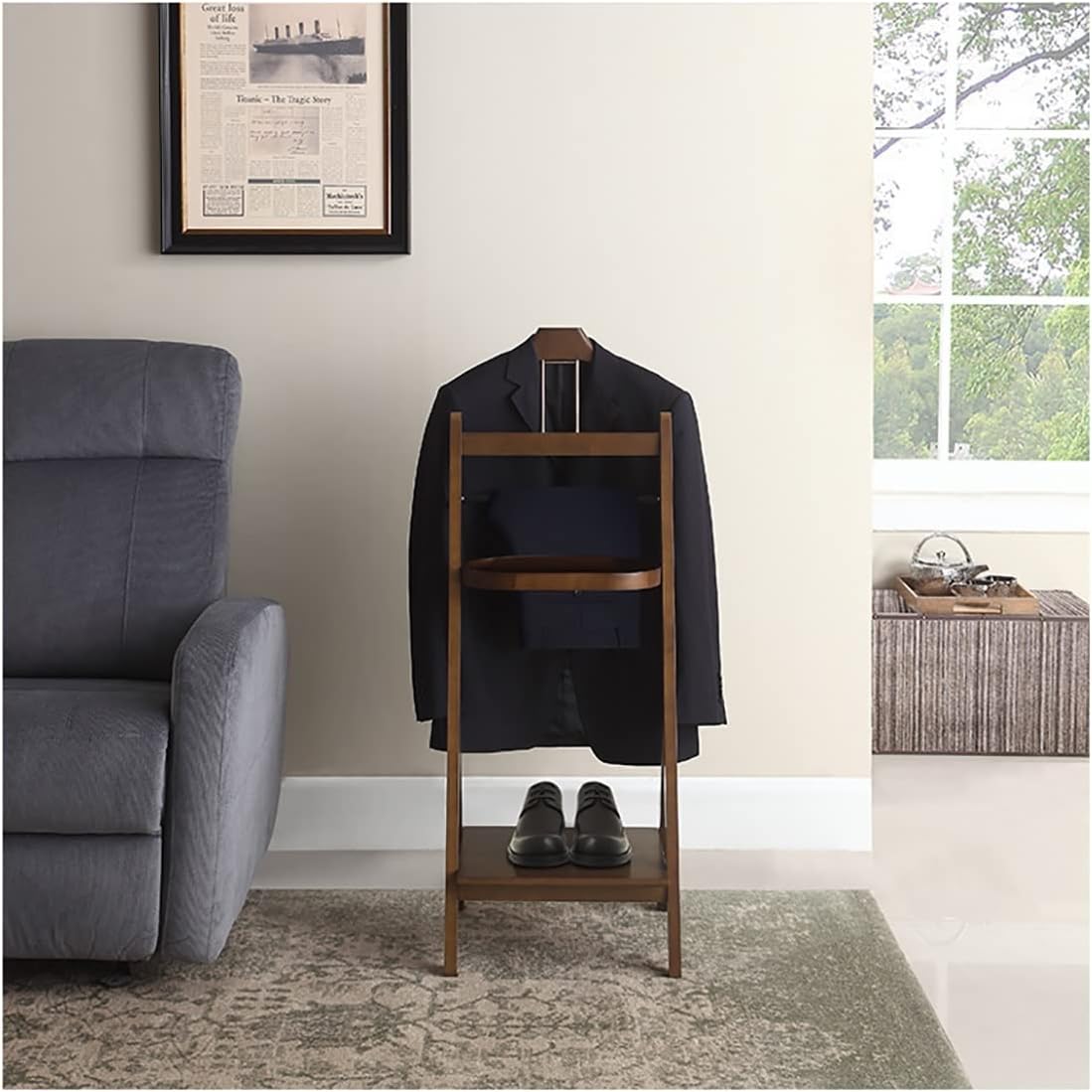 Suit Valet Stand with Tie, Belt and Pant Bar Clothing Valet Rack with Small Drawer