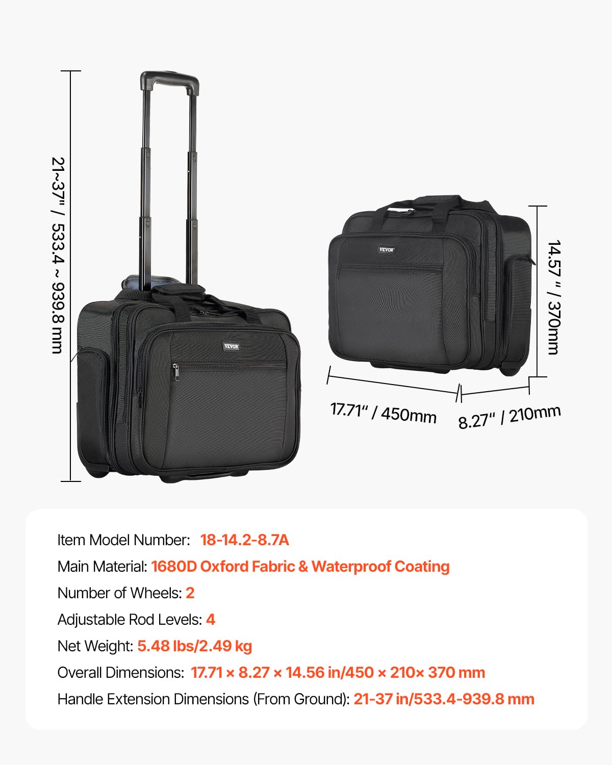 VEVOR Laptop Trolley, passend für Laptops bis zu 17,3 Zoll (44 cm), Aktenkoffer, Notebooktasche mit Rollen und Teleskopgriff, Laptoptasche für Arbeit, Reisen, Büro, 450x210x370 mm (Schwarz)