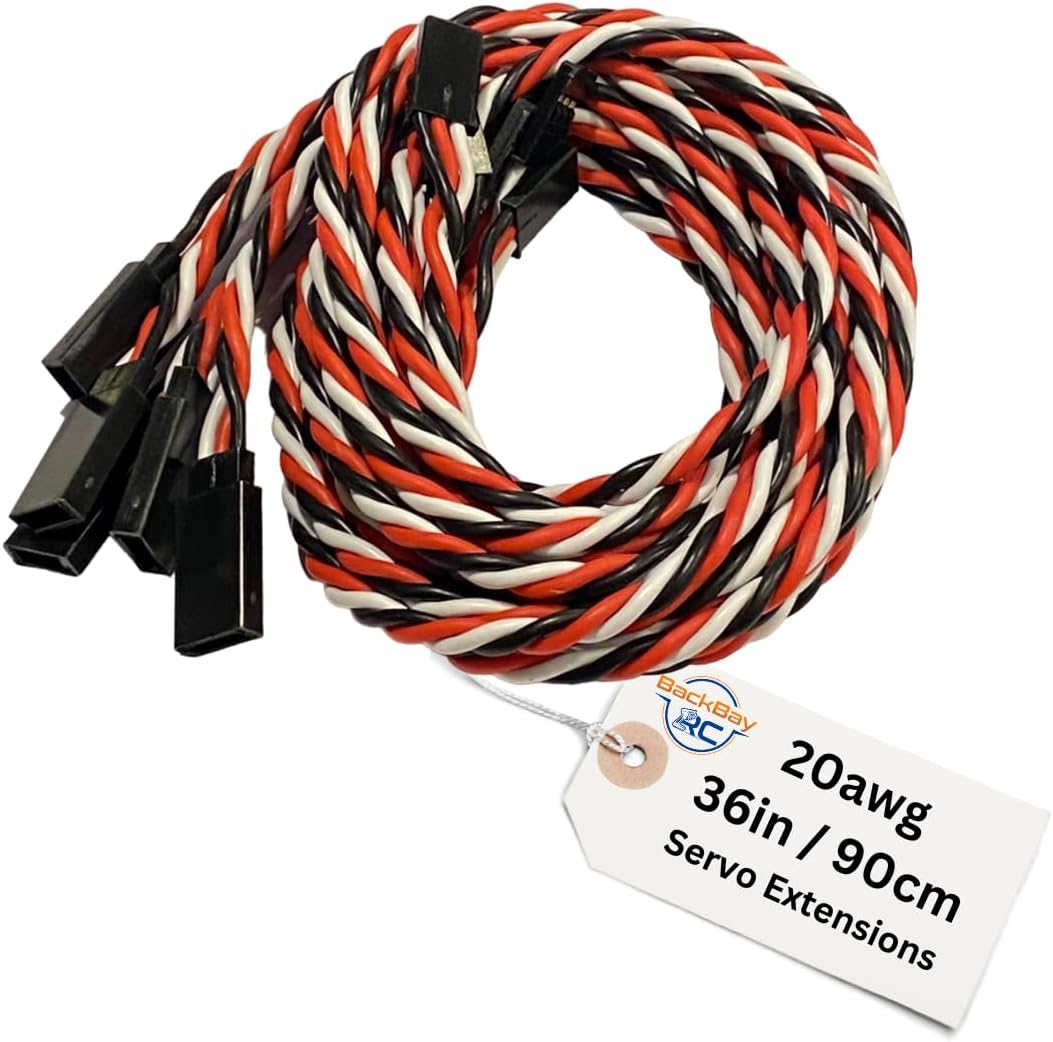 BackBayRC - Twisted 20awg Servo Extension Wire - 100 Strands for RC Vehicles, Drones, E-Bikes - 6 Lengths / 5 Cables per Pack (90CM / 36in / 3ft)