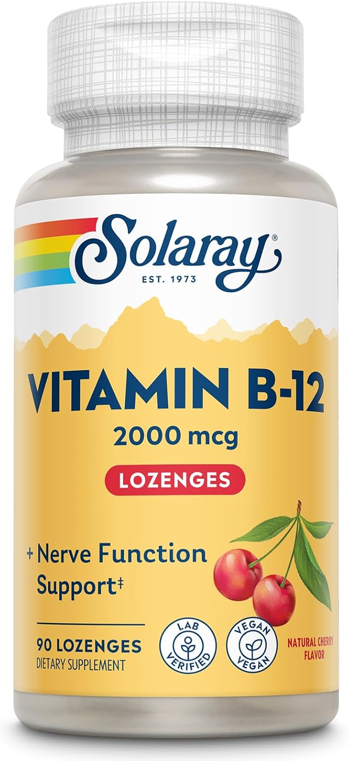 SOLARAY Vitamin B12 2000 mcg Lozenges – No Sugar, Natural Cherry Flavor Vitamin B 12 Supplement for Nerve Function, Energy and Red Blood Cell Support – Lab Verified, Vegan – 90 Servings, 90 Lozenges SOLARAY Vitamin B12 2000 mcg Lozenges – No Sugar, Natural Cherry Flavor Vitamin B 12 Supplement for Nerve Function, Energy and Red Blood Cell Support – Lab Verified, Vegan – 90 Servings, 90 Lozenges