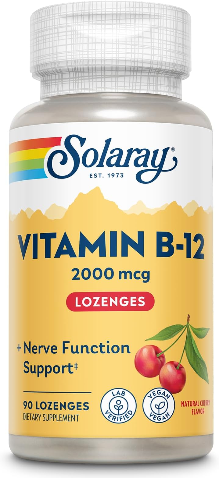 Vitamin B12 2000 mcg Lozenges - No Sugar, Natural Cherry Flavor Vitamin B 12 Supplement for Nerve Function, Energy and Red Blood Cell Support - Lab Verified, Vegan - 90 Servings, 90 Lozenges