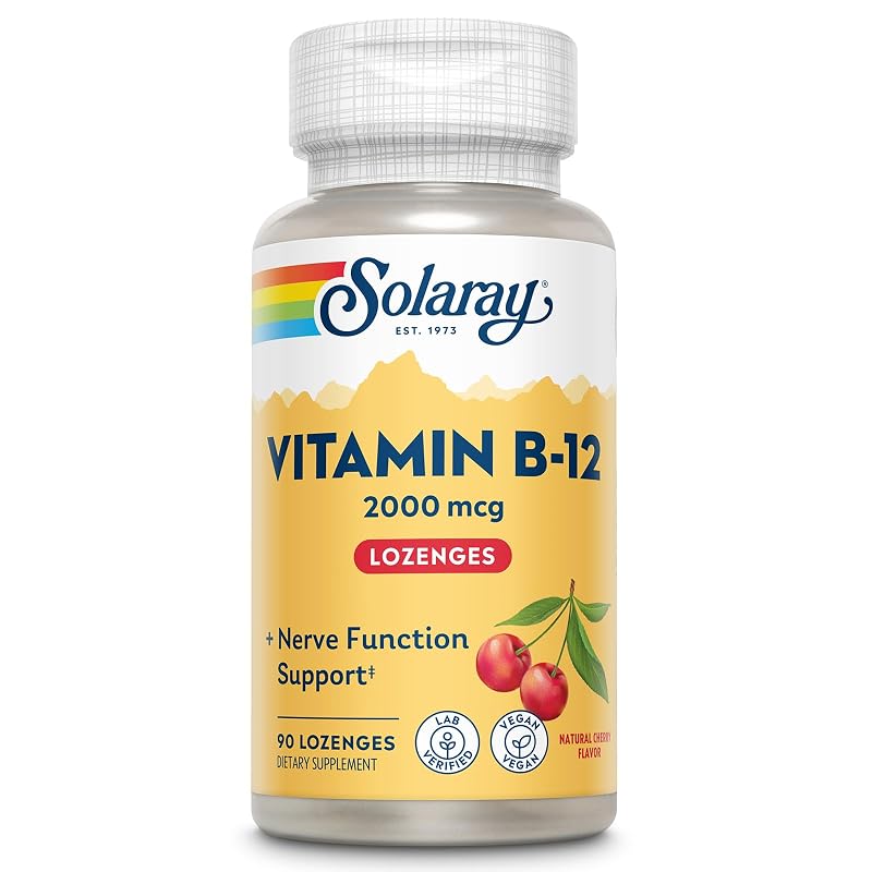 SOLARAY Suplemento de vitamina B12 (cianocobalamina) 2000 mcg, pastilhas sabor cereja sem açúcar, 90 pastilhas
