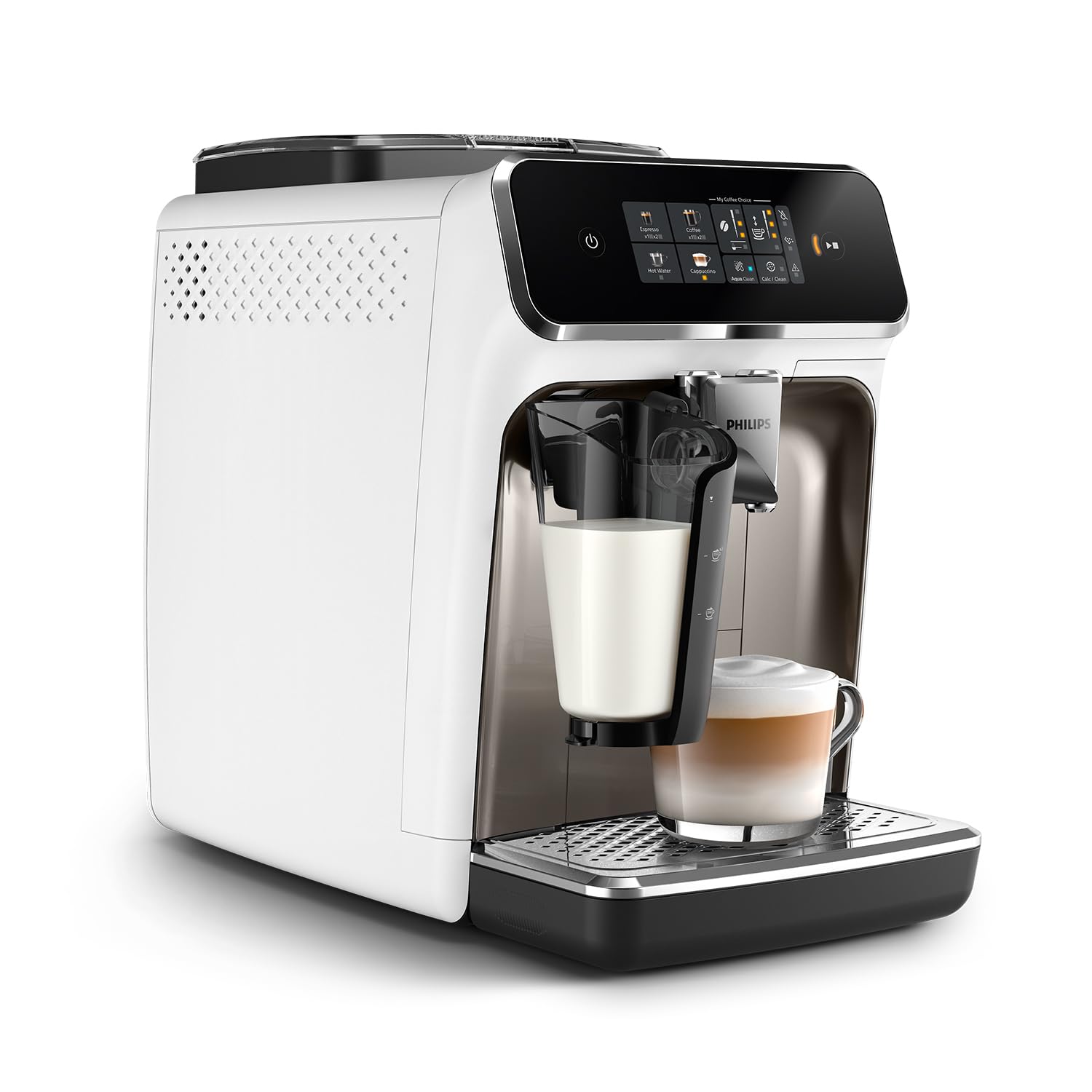 PHILIPS Expresso broyeur Série 2300-4 Boissons, Écran tactile coloré, Carafe LatteGo, 40% plus silencieux grâce à SilentBrew, Broyeur 100% Céramique, Machine à café à grain Blanc Chromé (EP2333/40)