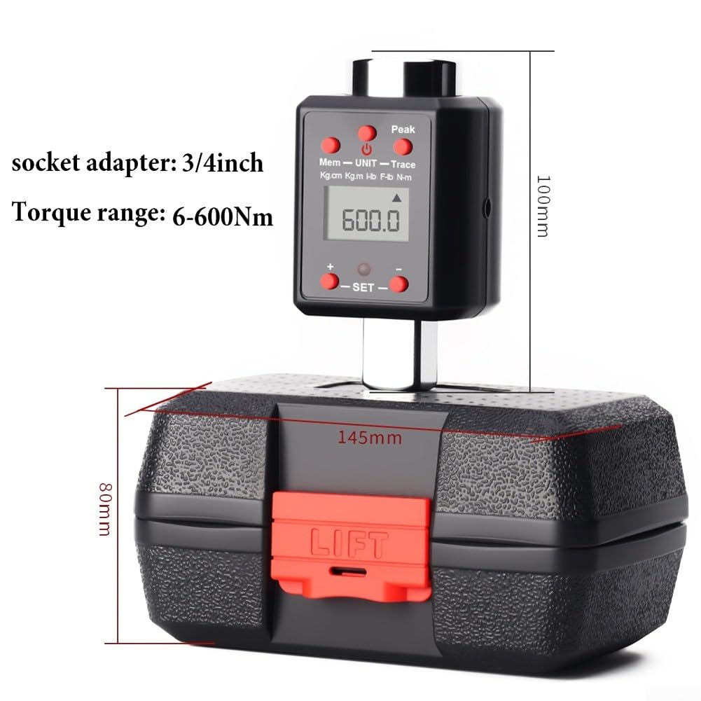 Adattatore dinamometrico digitale per utensili a cricchetto, campo di misurazione 0,3 – 600 Nm, compatibilità più dimensioni, avvertenze acustiche, display LED, modalità di punta e traccia (19 mm)