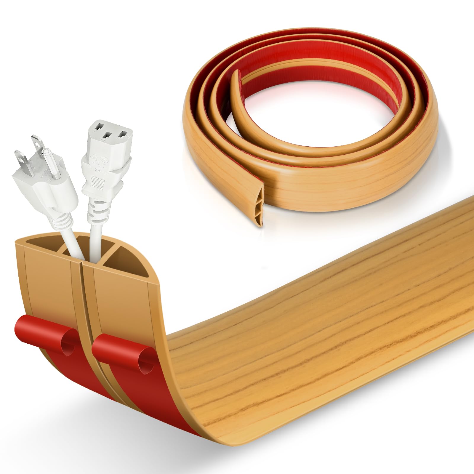 2m Floor Cable Cover, Wood Grain Cable Tidy Floor Protector Rubber Wire Cord Cover, Prevent Trip Hazards, Self Adhesive, 2M x 50mm