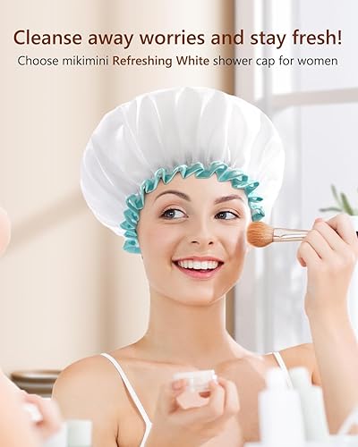 Miniatura 8 de Mikimini - Gorro de ducha blanco para cabello largo, 1 paquete, 12 pulgadas, tamaño grande, impermeable, lavable, para mujeres y niñas, súper lindo