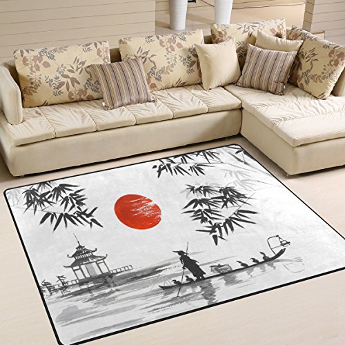 Tapis traditionnel japonais en bambou avec paysage ensoleillé pour salon, chambre à coucher, 160 x 122 cm