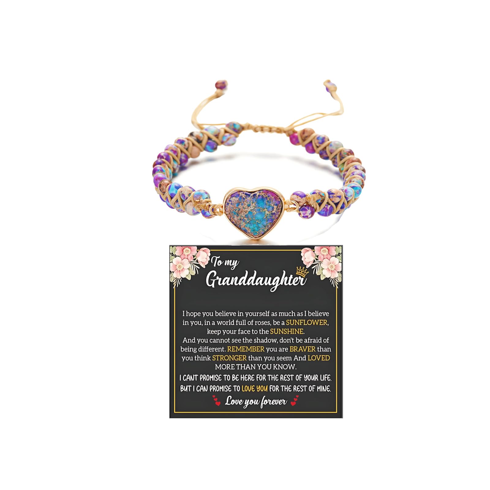 To My Granddaughter-Infinity Forever Love Heart Bracelet, Natural Emperor Stone Double Layer Purple Beaded Woven Wrap Bracelets Adjustable Mind Peace Gift Jewelry