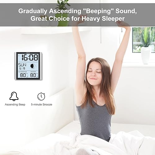 Miniatura 6 de Geevon Reloj de pared atómico con luz de fondo, reloj atómico digital de ajuste automático con temperatura interior y exterior, calendario, fase