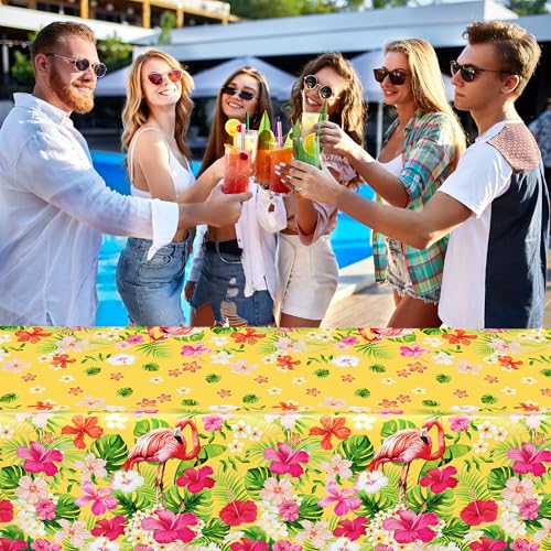 Image of QZYL 6 PCS Luau Tablecloths, 54 x 108 Inches Hawaiian Table Cloths, Disposable Luau Party Supplies Tropical Decorations with Flamingo Palm Leaves, Aloha Party Decorations Summer Decor for Tiki Bar