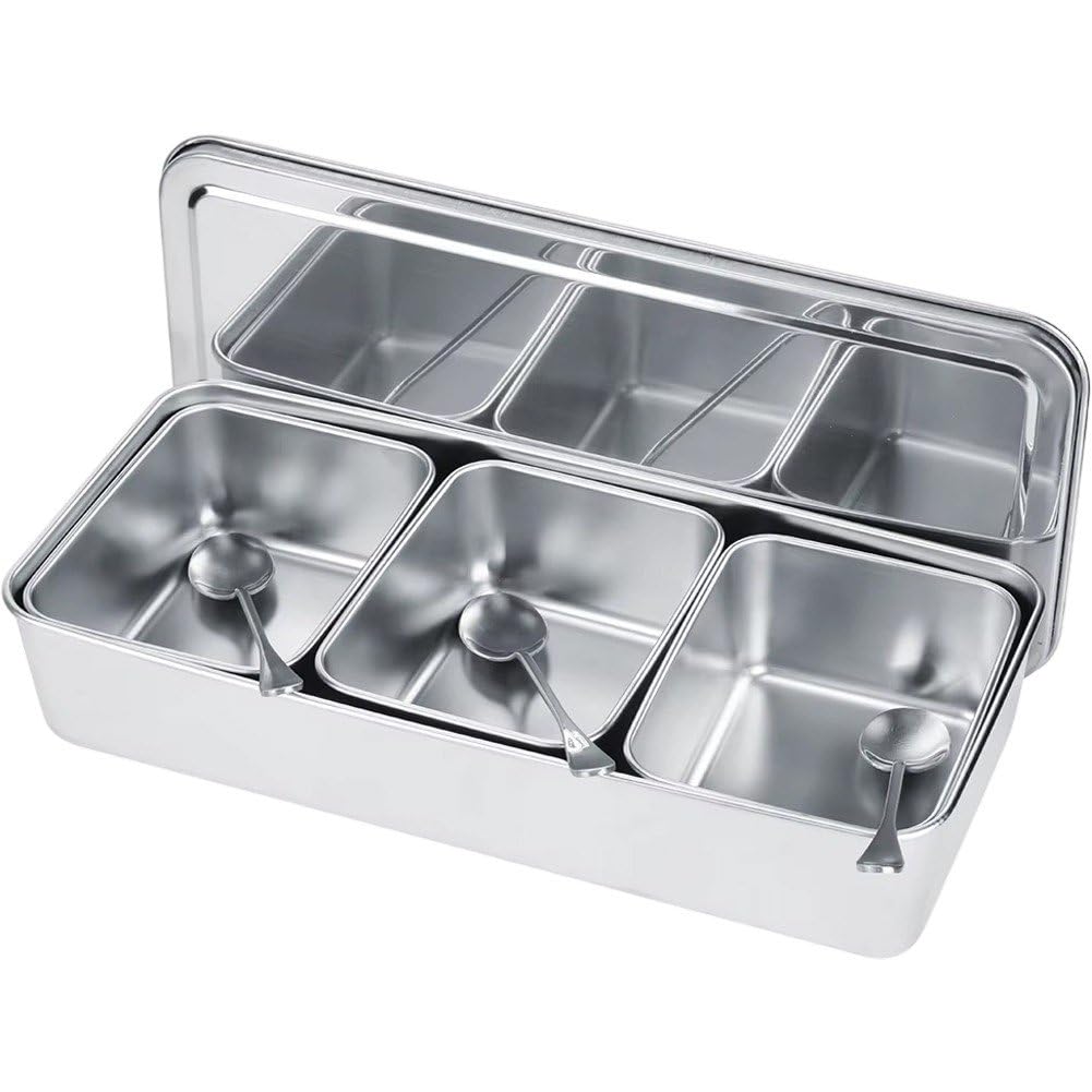 Hrippy 3‑grid Stainless Steel Seasoning Box Jar Spice Container Set with Spoons Cover Seasoning Jars Spice Storage Boxes