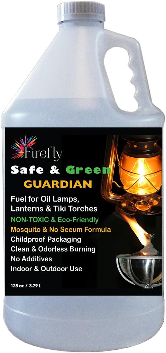 Denelchon Firefly Safe & Green Fuel with Guardian Wards Off Mosquitoes - 1 Gallon - Odorless and Smokeless Burning - Use in Tiki Torches, Oil Lamps & Lanterns